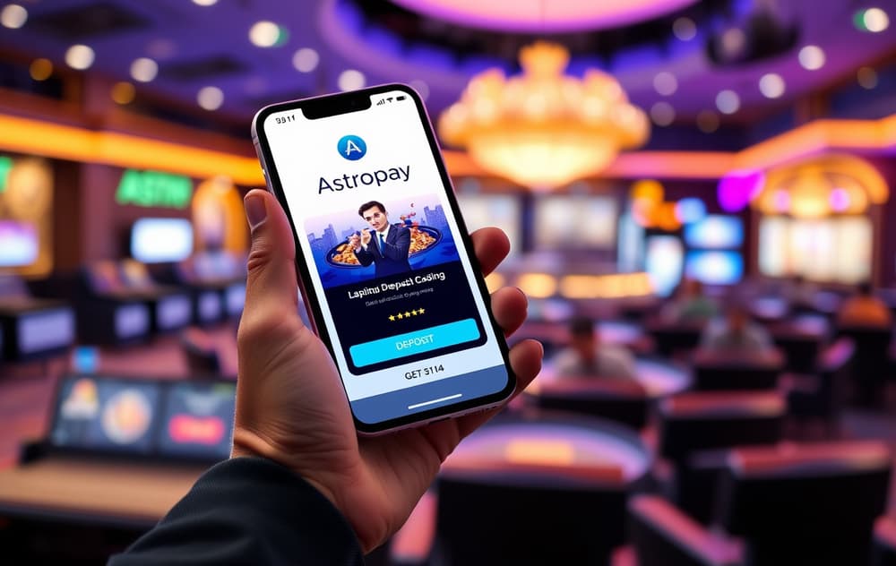 Person som holder mobil med AstroPay-appen åpen, med casino-bakgrunn og innskuddsknapp.