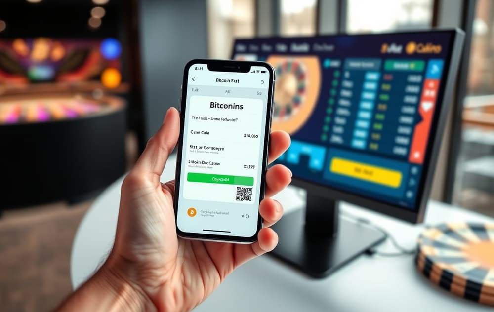 Person som bruker mobil for Bitcoin-innskudd på nettcasino med QR-kode