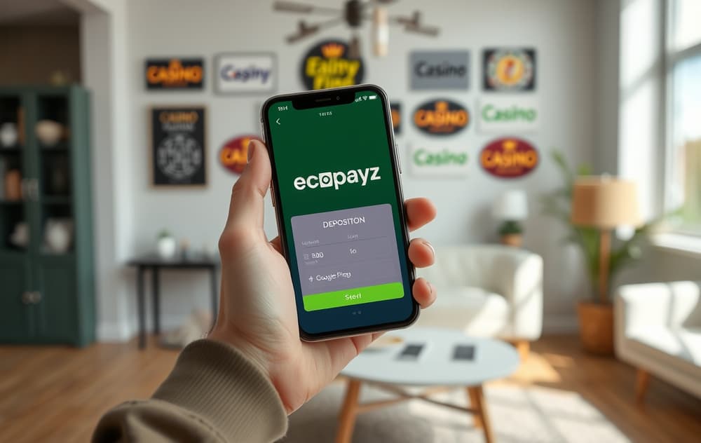 Person som holder en mobil med Ecopayz-appen åpen for casinoinnskudd