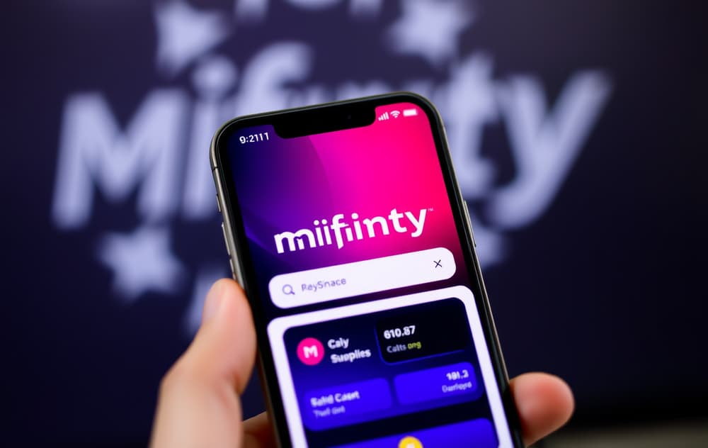 Smarttelefon med MiFinity-app og casinologo i bakgrunnen.