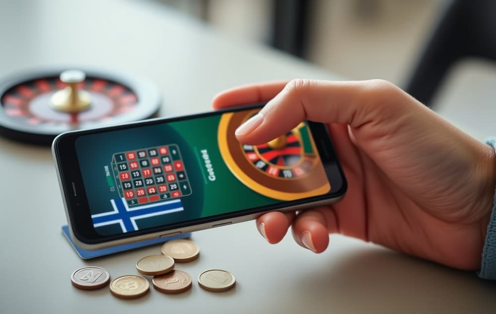 En person som holder en mobiltelefon med et casino-roulette-spill på skjermen, tommelen over innskuddsknappen, med et norsk bankkort og mynter på bordet.