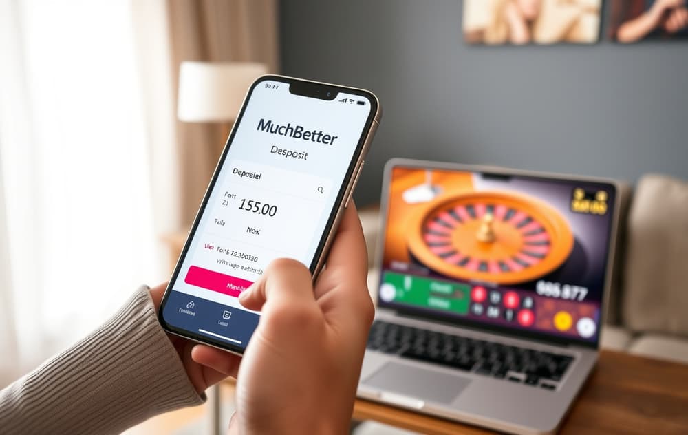 Person med mobiltelefon som viser MuchBetter-appen med casino-innskudd i norske kroner