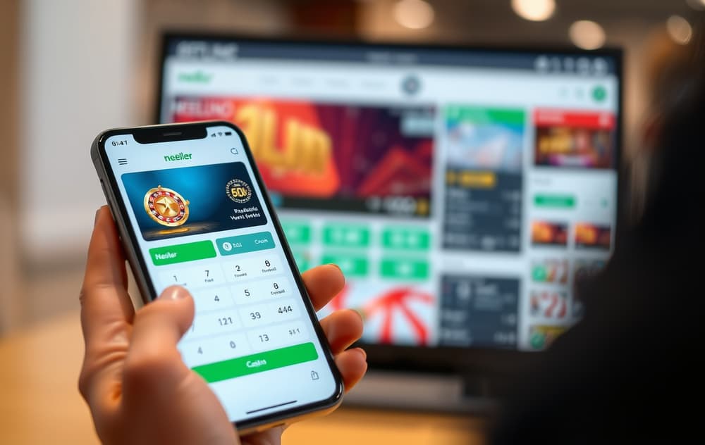 Person med mobiltelefon som viser Neteller-appen med casino-betaling