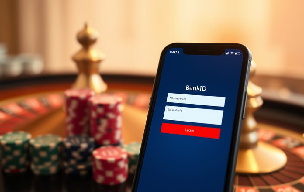 Smarttelefon med norsk BankID-innlogging, kasinochips og ruletthjul i bakgrunnen.
