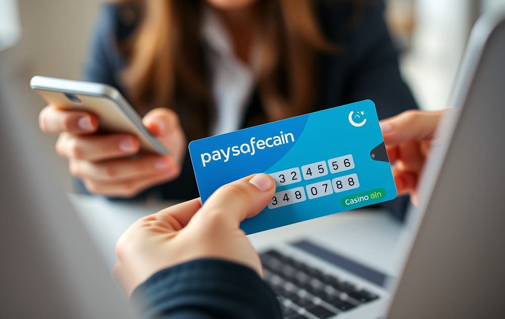 Person holder en Paysafecard-kupong foran en laptop med casino og Vipps-app på mobil
