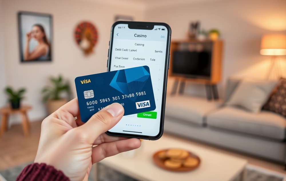 En hånd som holder et Visa debetkort ved siden av en mobiltelefon med casino kassevindu, i en moderne stue.