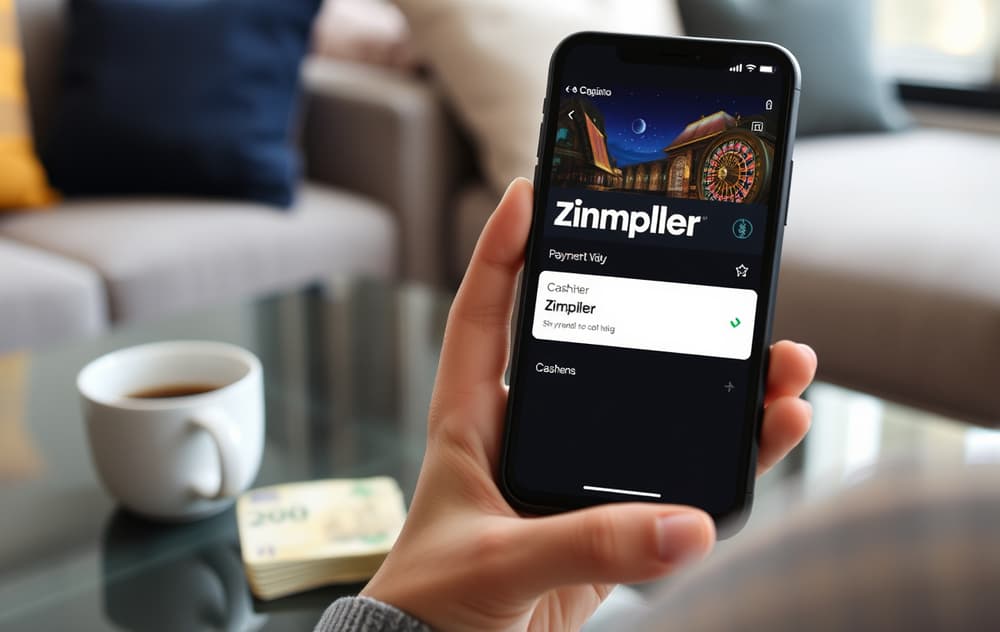 Person med mobiltelefon som viser Zimpler som betalingsmetode i et casino, med norske sedler og kaffekopp