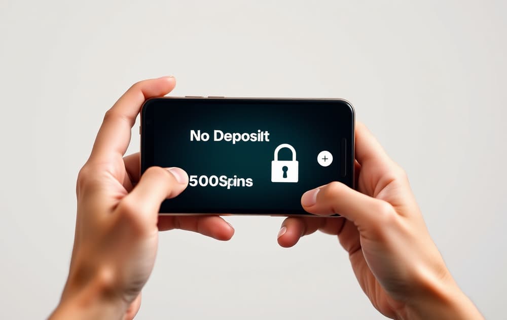 Person som holder en mobiltelefon med en bonusskjerm for casino uten innskudd.