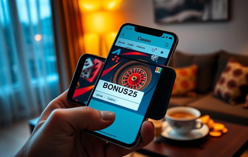 Mobiltelefon med bonuskodefelt på et casino, roulette-ikon synlig, i en stue.