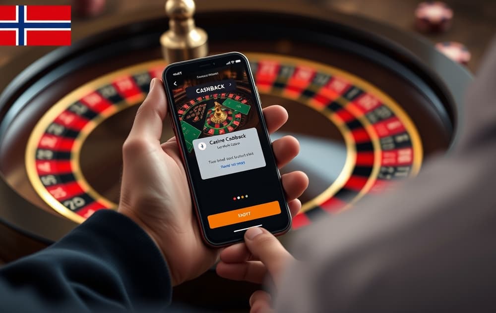 En person ser på en mobiltelefon med cashback-varsel fra et nettcasino, med roulettehjul og sjetonger i bakgrunnen.