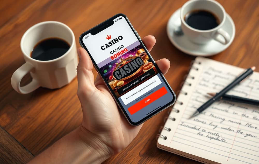 Person med mobiltelefon som viser casino bonus-tilbud, kaffekopp og notatbok på bordet