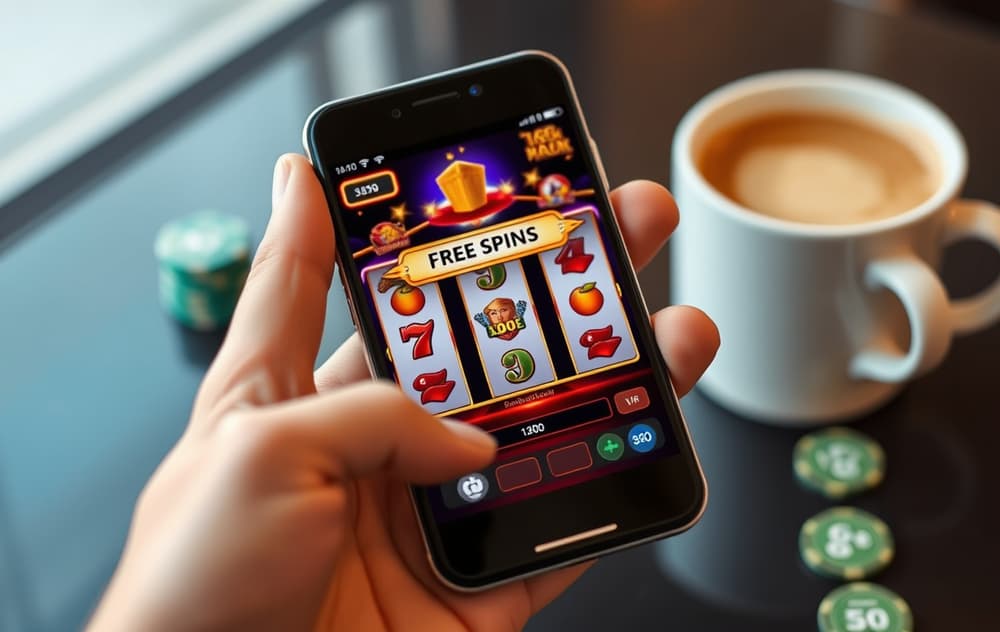 Mobiltelefon med free spins-banner på en spilleautomat, med kasinobrikker og kaffekopp i bakgrunnen