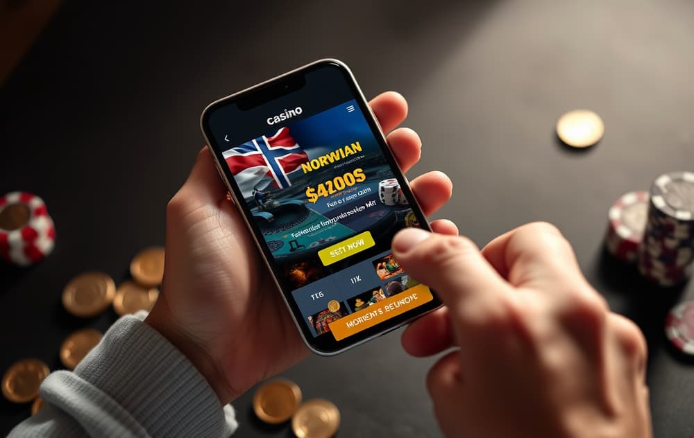 Person som ser på en innskuddsbonus på mobilen, med mynter og sjetonger rundt.