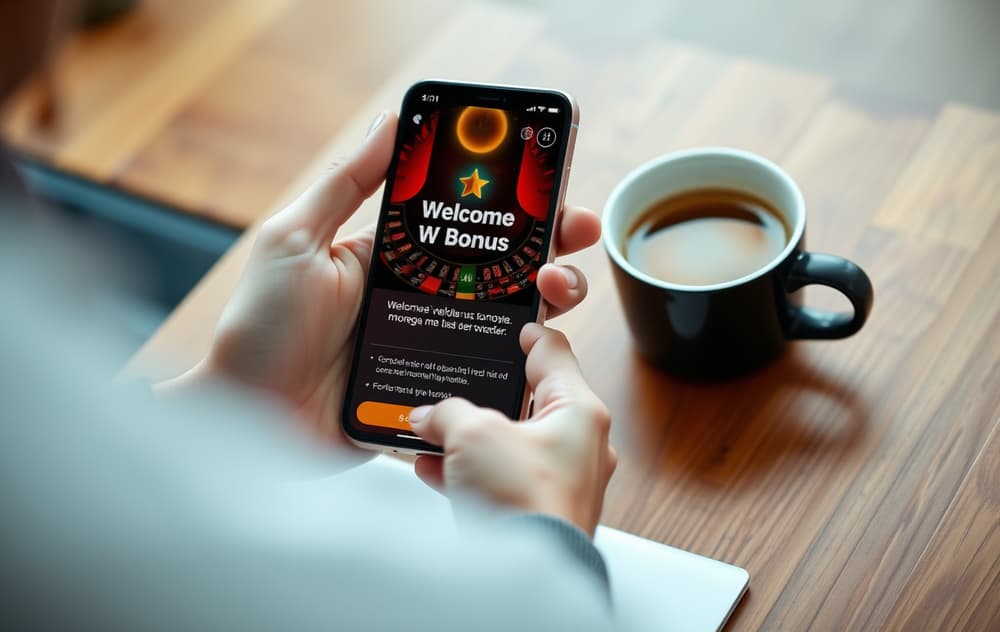 En person holder en mobiltelefon med et velkomstbonustilbud på norsk, kaffekopp på bordet, redaksjonell stil.