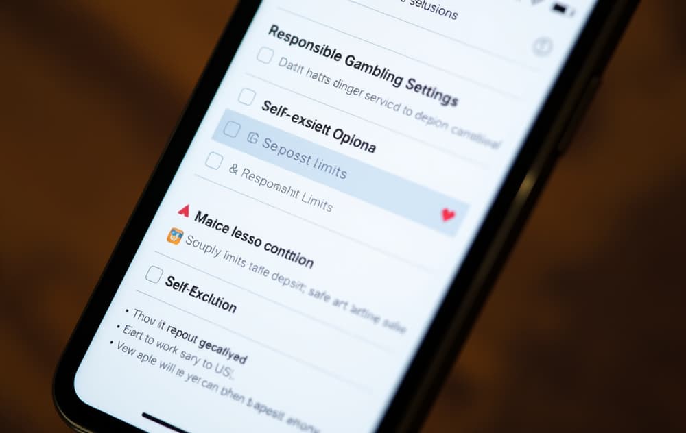 Skjermbilde av en mobiltelefon som viser ansvarlig spilling-innstillinger med innskuddsgrenser og selvekskludering