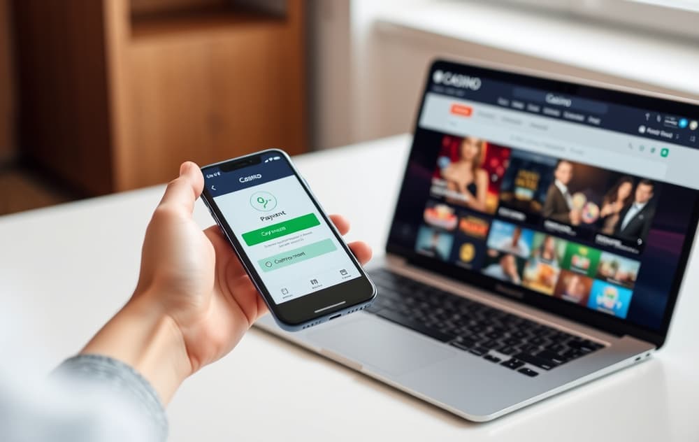 Person med betalingsapp på mobil ved siden av laptop med casino, fotorealistisk