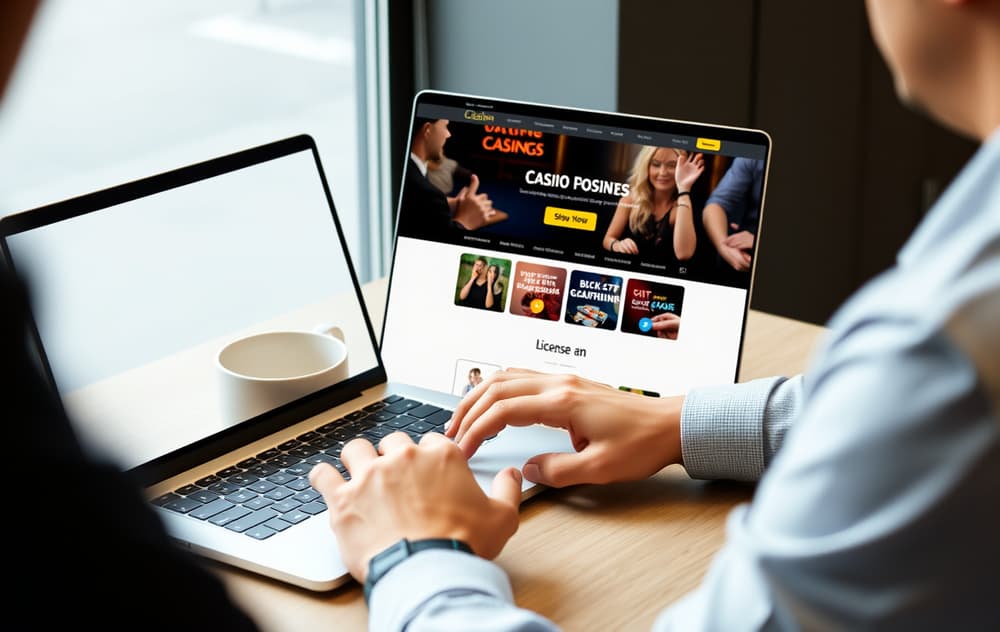 En person som sjekker lisensinformasjon på et nettcasino på en bærbar PC