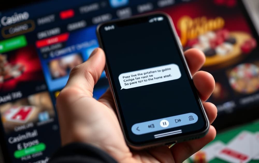 Person som holder en mobiltelefon med live chat-boble på skjermen, casino-grensesnitt i bakgrunnen