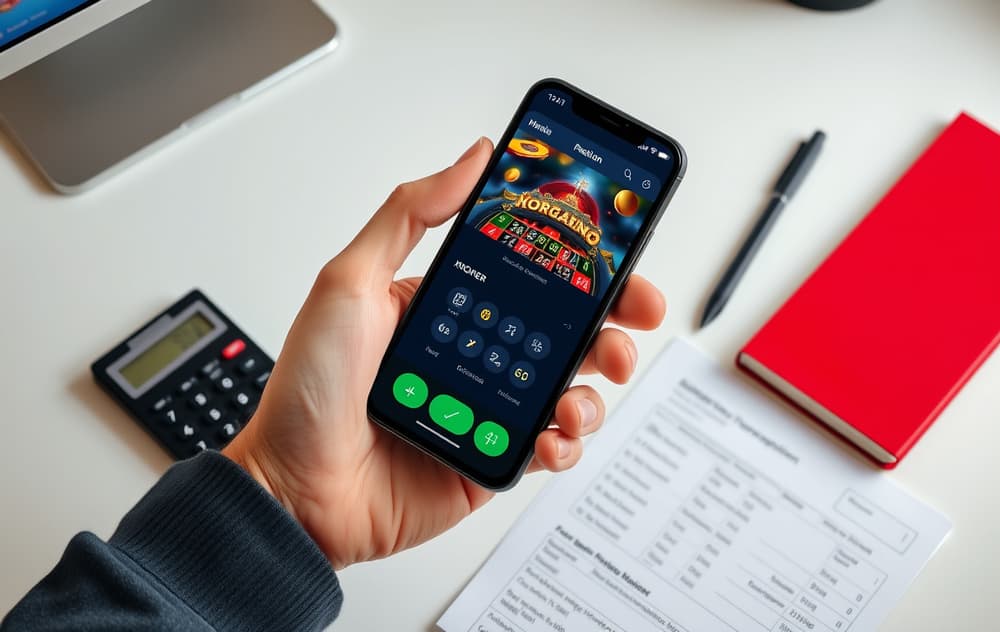 Person med smarttelefon som viser casino-gevinst, med kalkulator og skatteskjema på bordet.