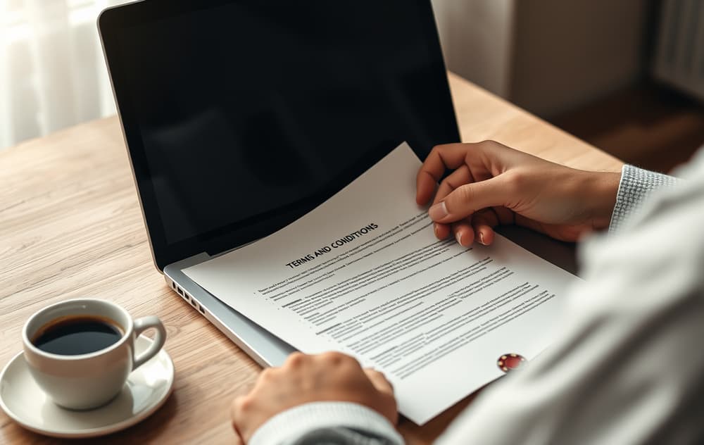 En person som leser vilkår på en laptop med kaffekopp og juridiske dokumenter, realistisk redaksjonell stil