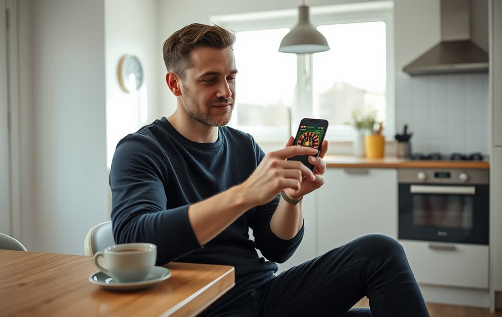 Person spiller rulett på mobil med kaffekopp – test av casinoer på ekte