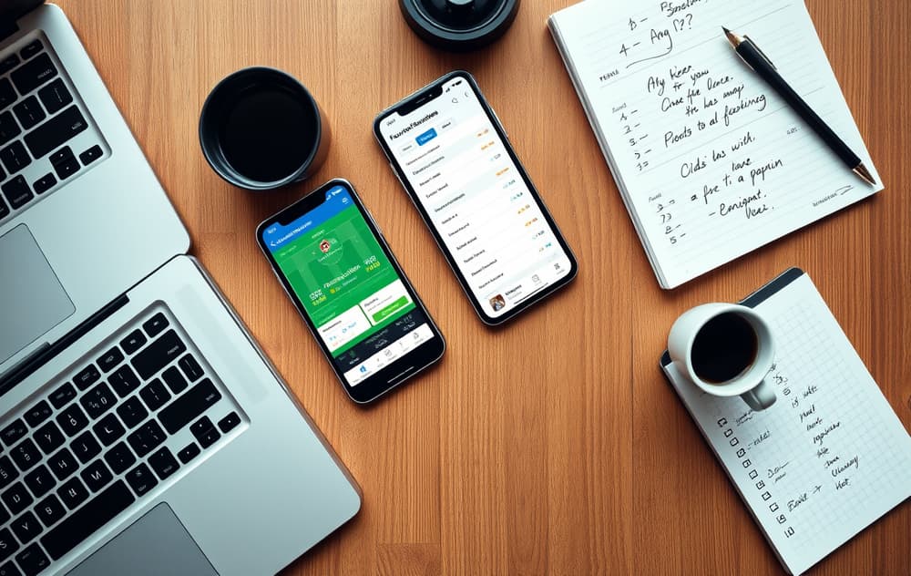 Toppvisning av mobil og laptop med odds, kaffekopp og notatblokk