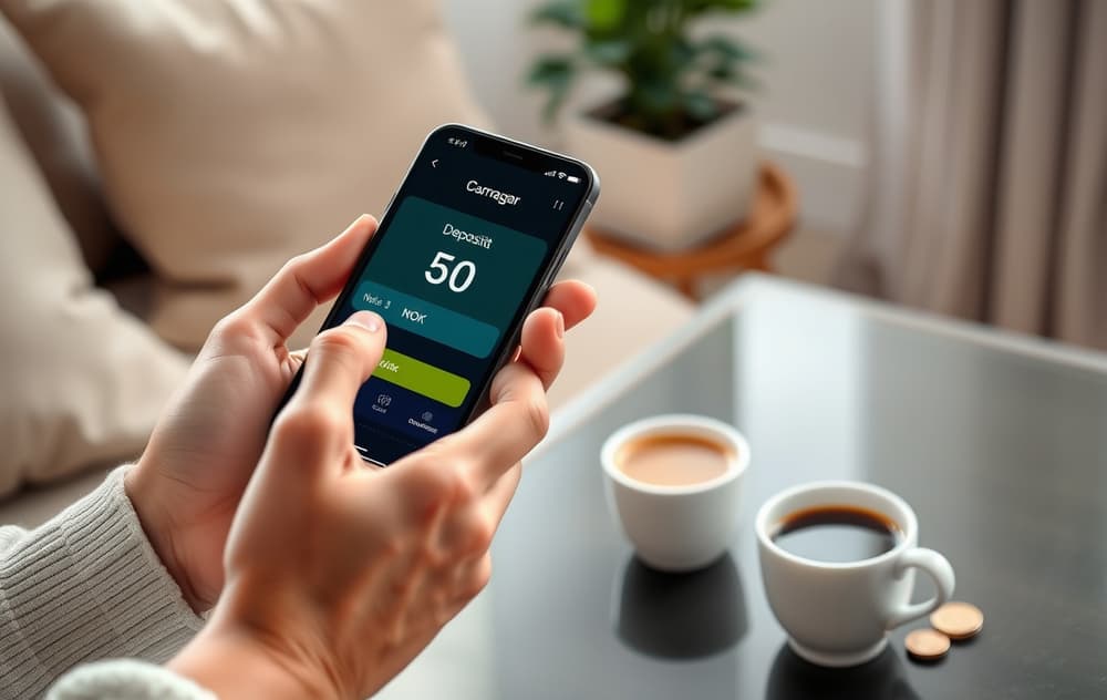 Hånd som holder smarttelefon med casino-innskudd på 50 kr, ved siden av kaffekopp og mynter.