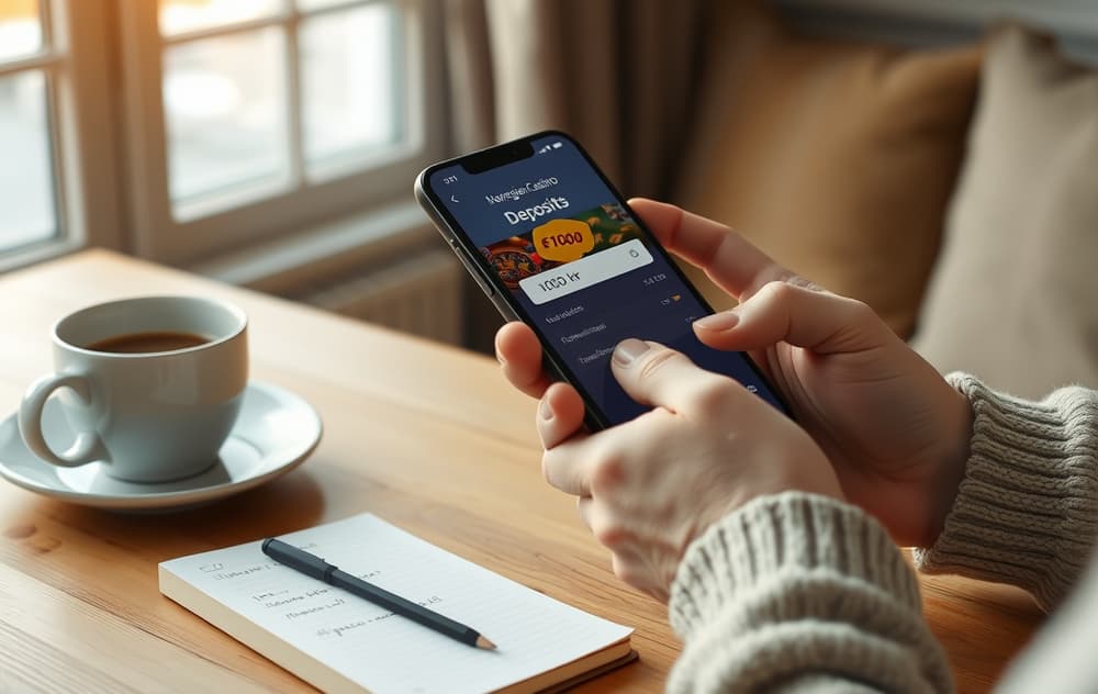 En person som setter inn 100 kr på et norsk casino via mobilen, med kaffekopp og notatbok på bordet.