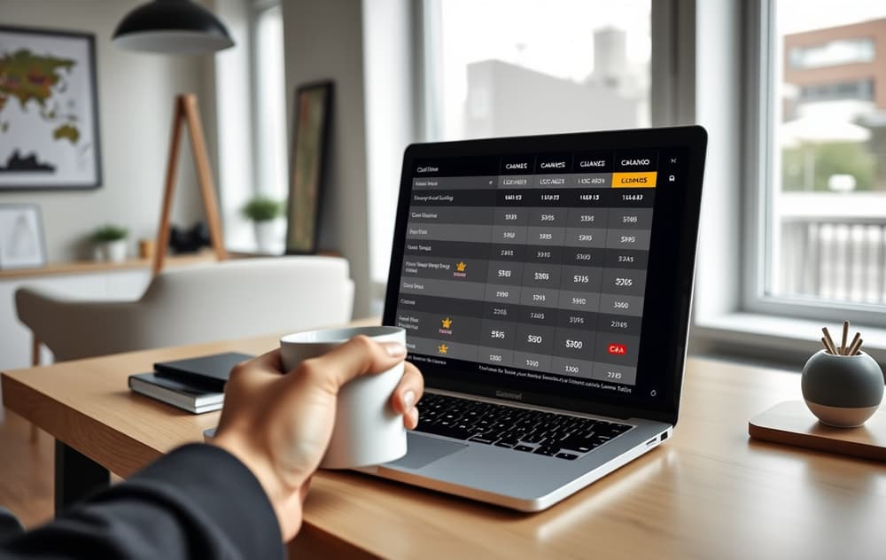 En person som sammenligner casinoer på laptop med lisenslogoer synlig.