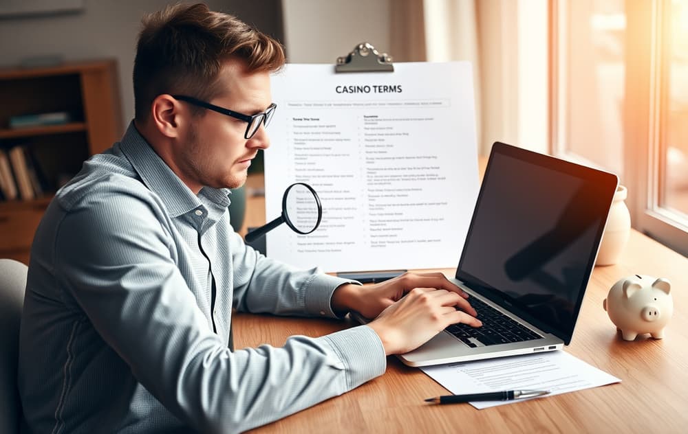 Spiller sammenligner casinoer uten omsetningskrav på laptop med lupe og sparegris