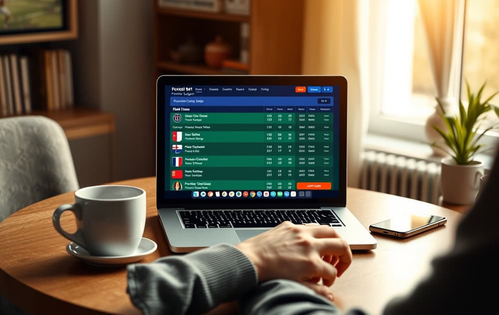 Person som sammenligner fotballodds på laptop og mobil