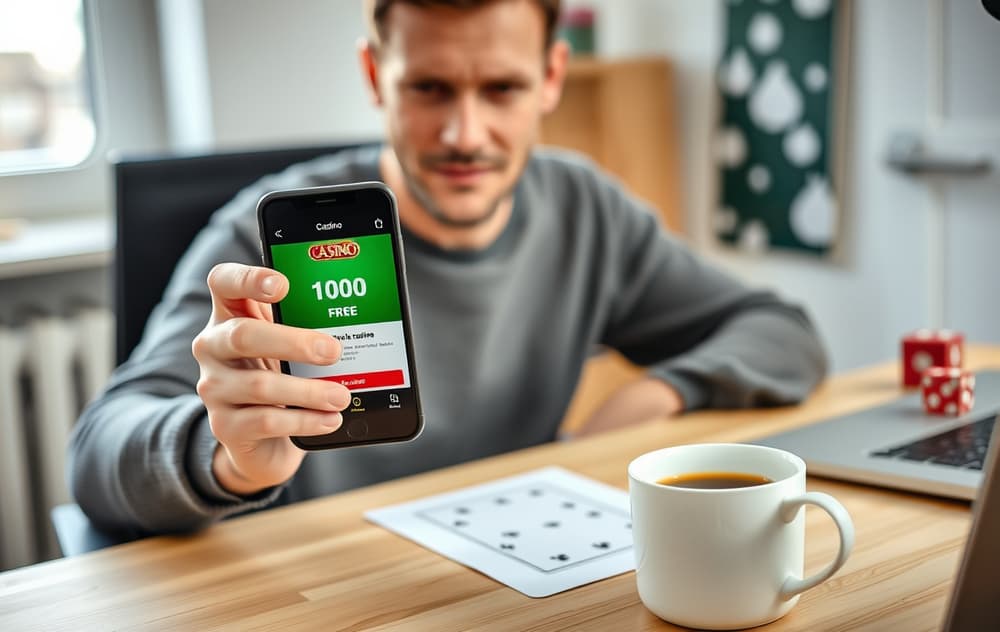 Norsk person med mobil som viser gratis casino-bonus på 100 kr, sitter ved et skrivebord med kaffekopp.