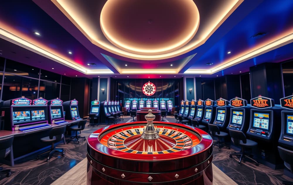 Highroller Casino – moderne casino med roulettehjul og spilleautomater i neonlys
