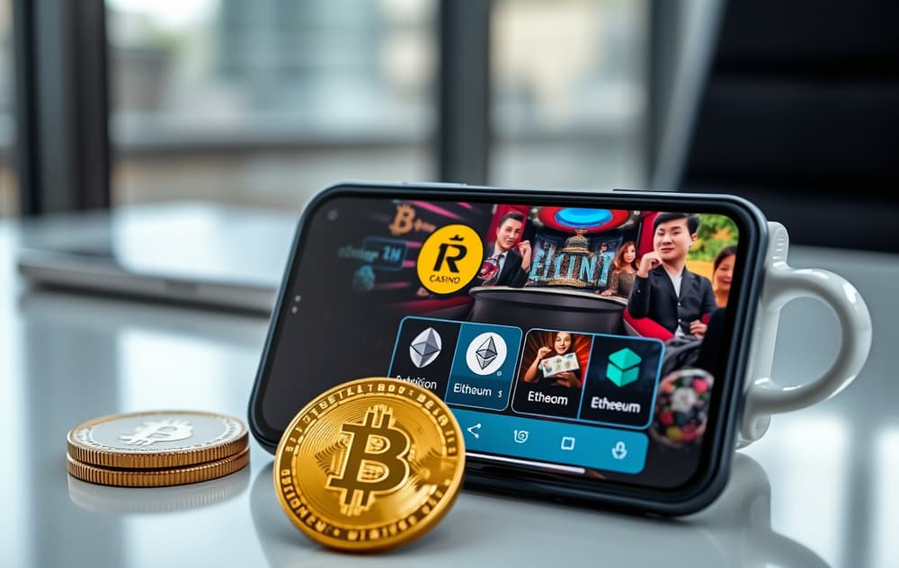 Smarttelefon som viser et kryptocasino med Bitcoin- og Ethereum-logoer, ved siden av en fysisk Bitcoin-mynt