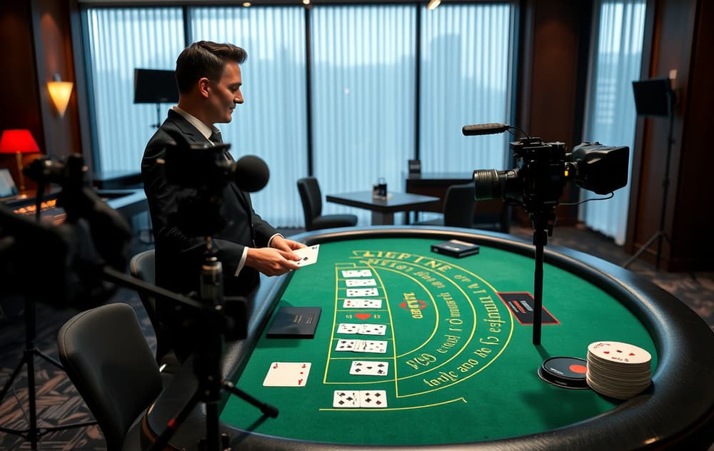 Live casino med ekte dealer ved blackjack-bord i studio