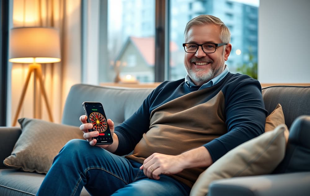 Mann som spiller roulette på mobiltelefon i stuen