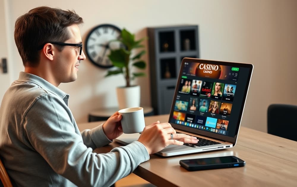 En person som sammenligner nettcasinoer på en bærbar PC, med en kopp kaffe og en avslappet, analytisk holdning.