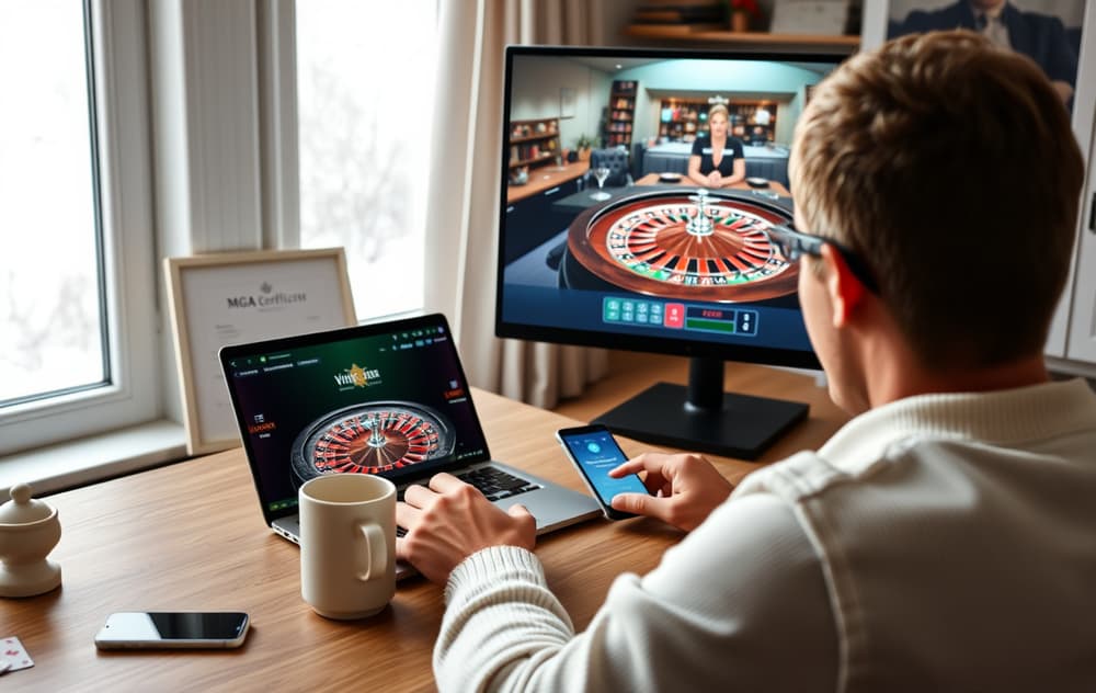 Person som spiller live roulette på laptop med norsk dealer, Vipps-app og MGA-logo synlig