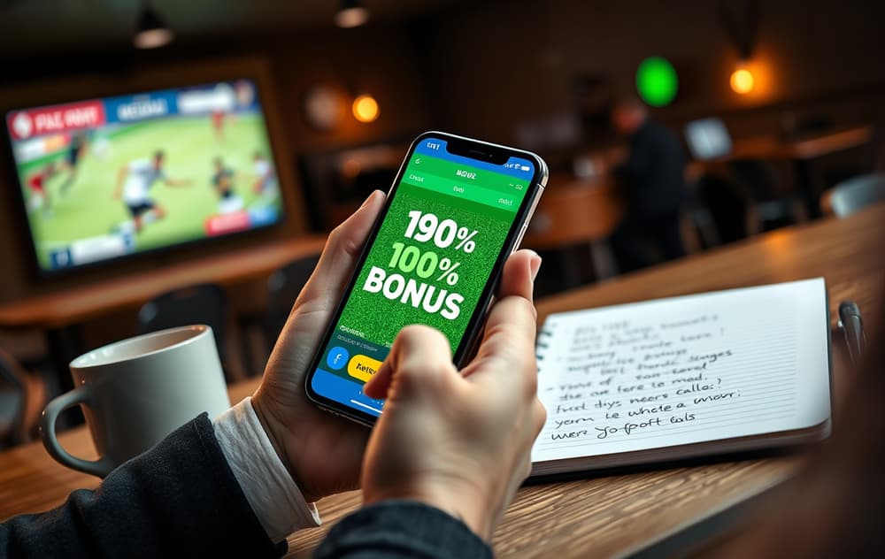 Person som holder mobil med oddsbonus-tilbud på skjermen, ved siden av kaffekopp og notatbok.