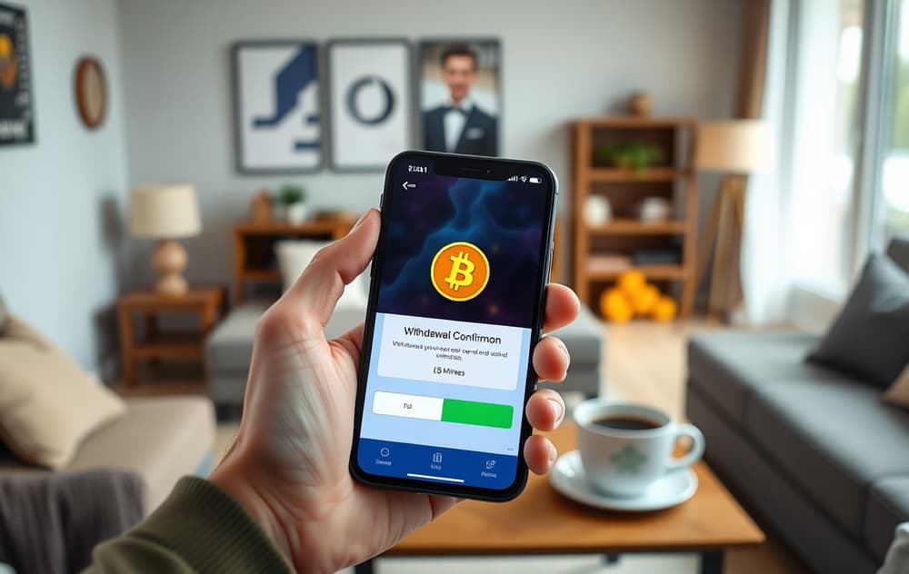 Person med smarttelefon som viser bekreftelse på raskt uttak med Bitcoin-symbol