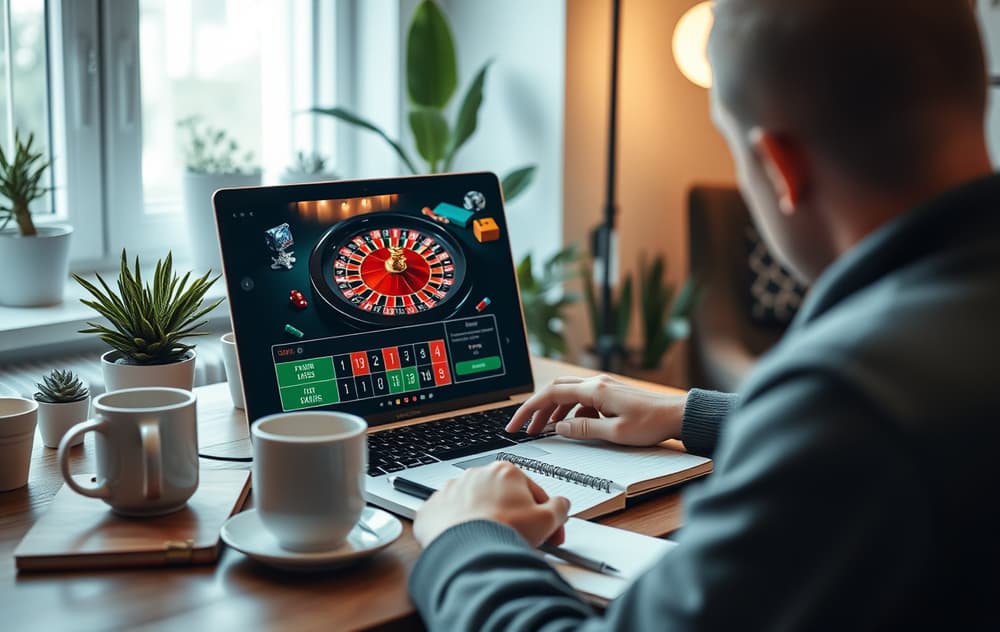 Person foran laptop med nettcasino-roulette på skjermen, kaffekopp og notatblokk på skrivebordet.