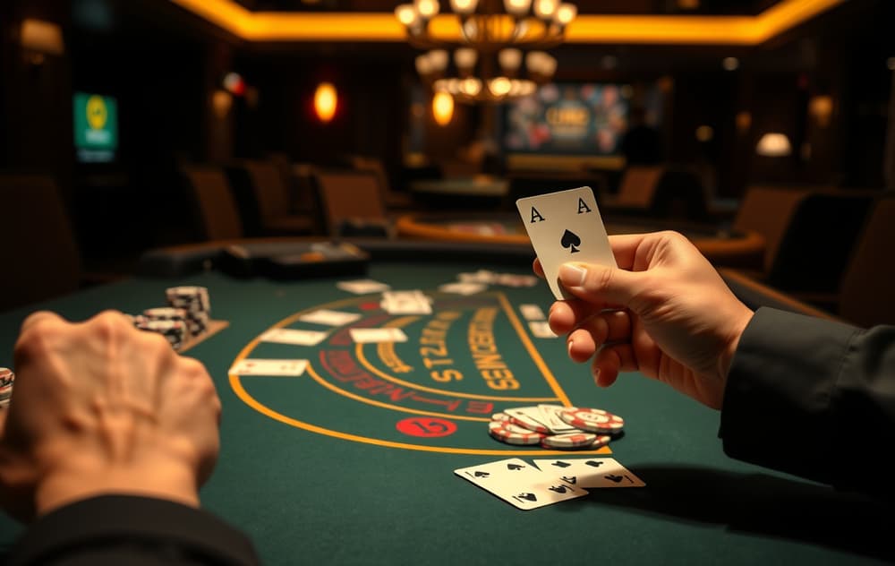 Blackjack-bord med kort og sjetonger i et dempet casino-lys