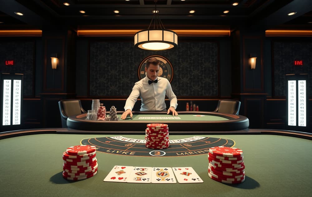 Bordspill på nett: blackjack-bord med kort og sjetonger, live dealer i bakgrunnen