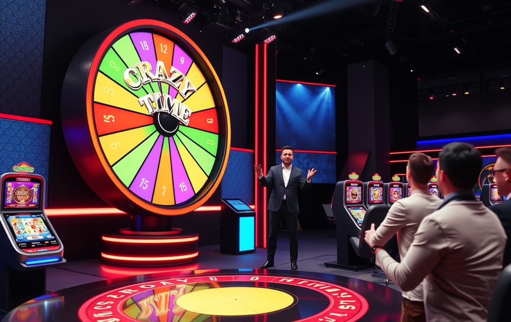 Live casino-studio med Crazy Time-hjulet, vert i dress og skjermer for bonusrunder