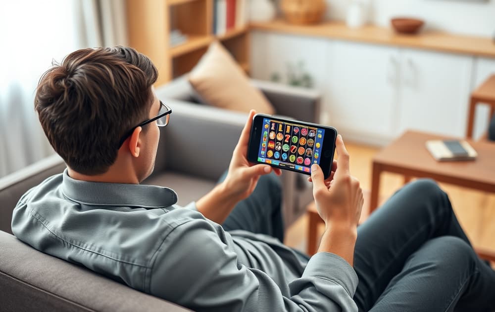Person spiller gratis spilleautomater på mobiltelefon i stuen