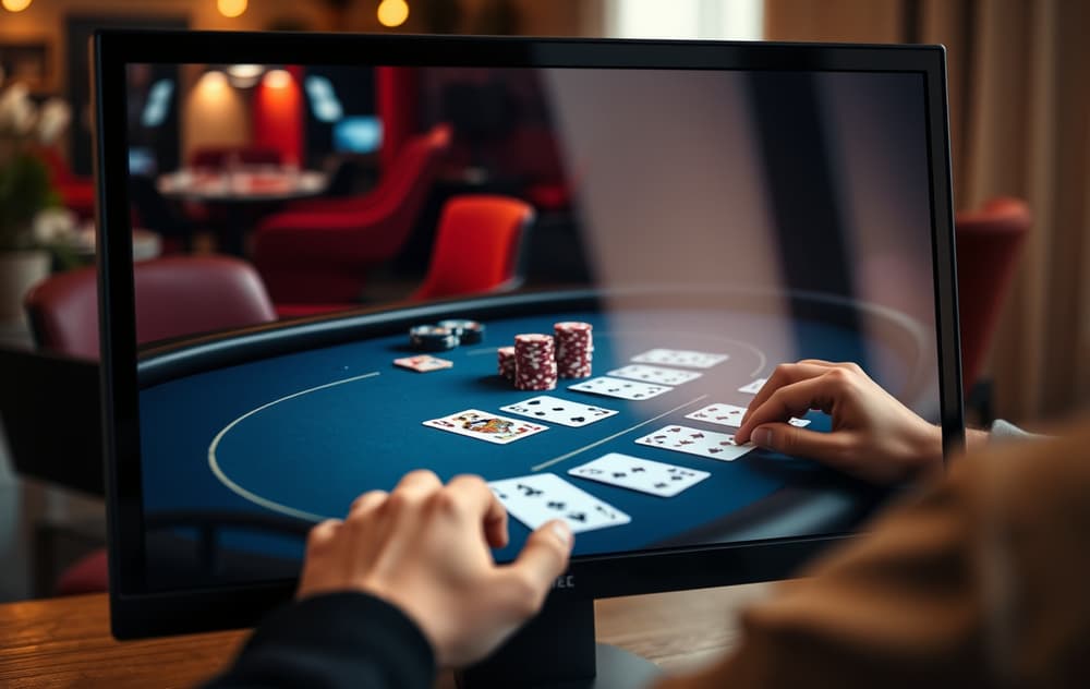 Pokerskjerm med kort og sjetonger