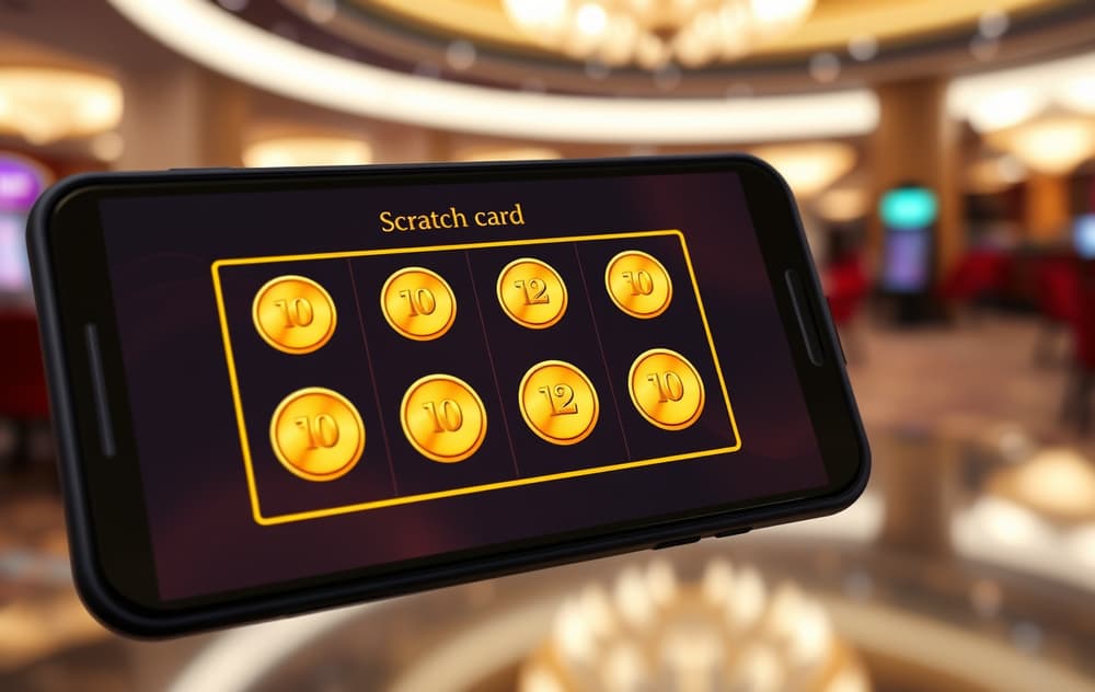 Digitalt skrapelodd på mobil med tre like gullmynter og bakgrunn fra et online casino.